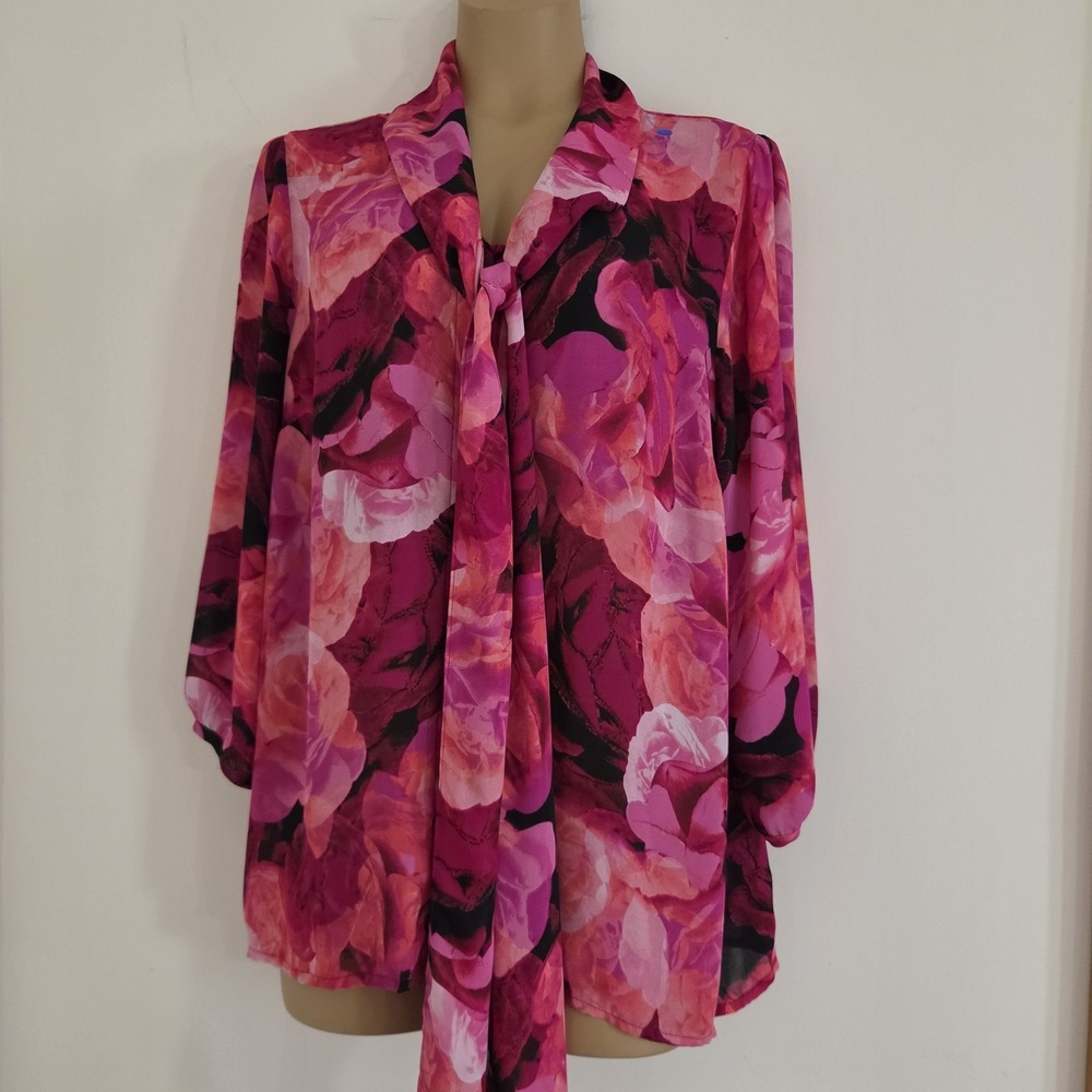 Worthington Bright Floral Blouse Bow Scarf Collar Long Sleeve Size 1X
